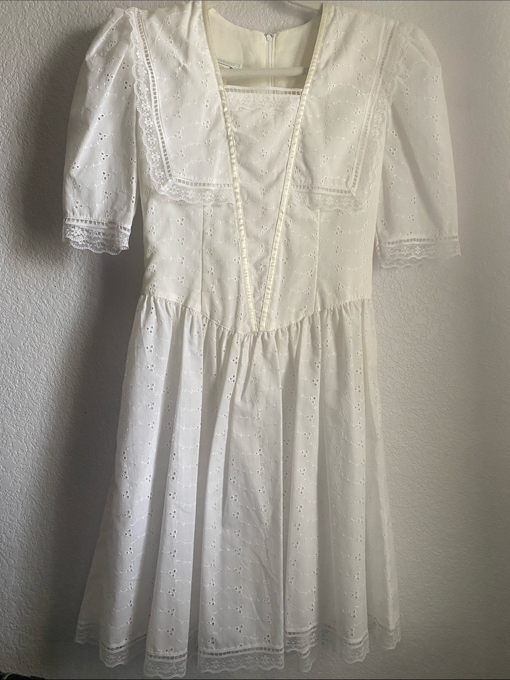 Gunne Sax - White Eyelet Lace Dress with Square Yoke
